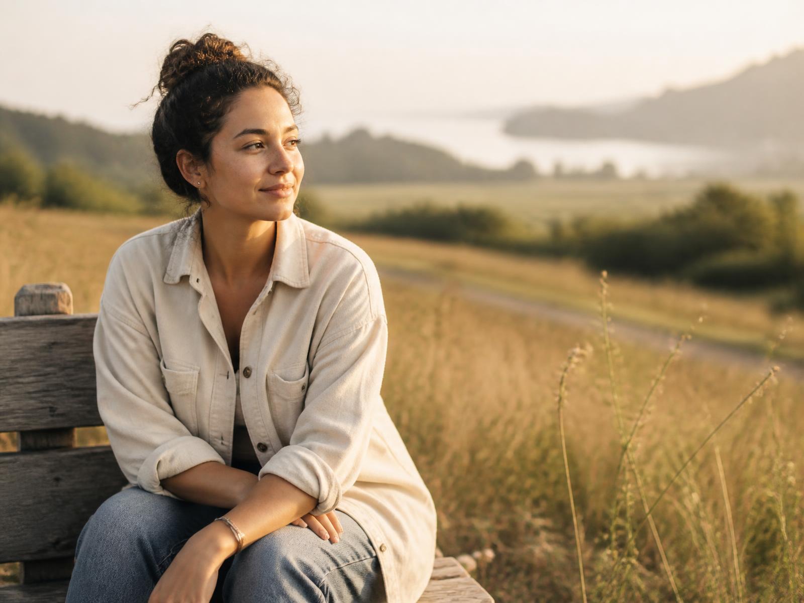 Vrouw zit rustig op een bankje in een natuurlijk landschap bij zacht ochtendlicht